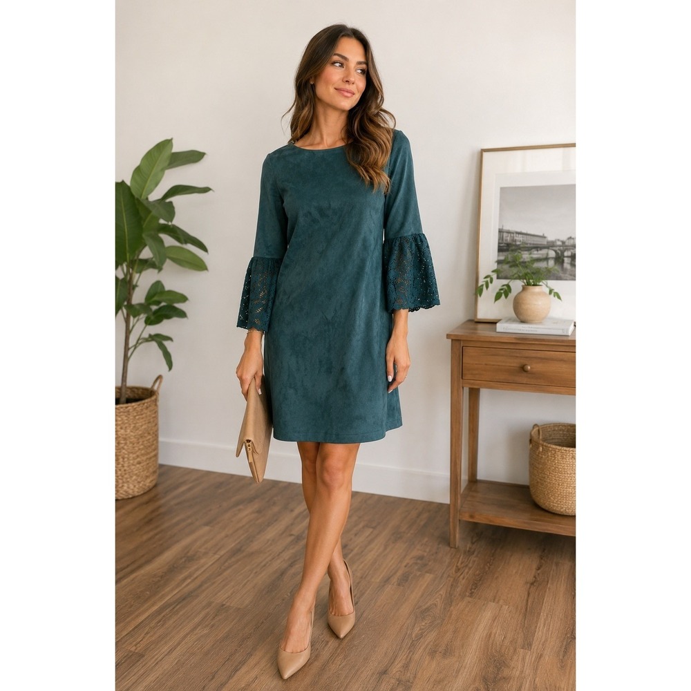 Nanette Lepore Teal Faux Suede Bell Sleeve Lace Detail Shift Dress Size 12
